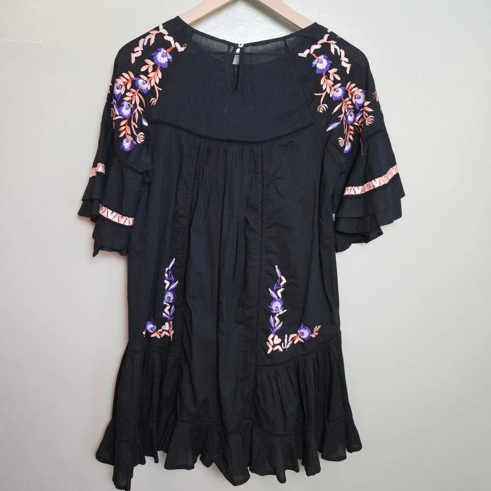 Free‎ People Pavlo Embroidered Babydoll Mini Dress Tunic Sz S Black Ruffle